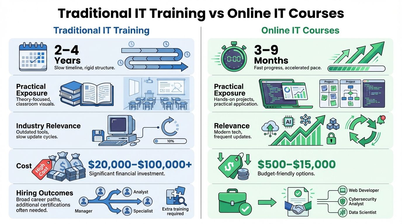 Online IT courses vs traditional IT training comparison for faster job hiring
